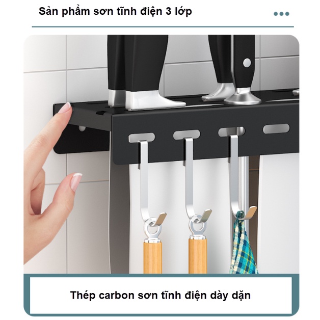 Kệ để dao, thớt có thêm ống treo để đũa thìa inox sơn tĩnh điện, dán tường không cần khoan vít - CHÍNH HÃNG