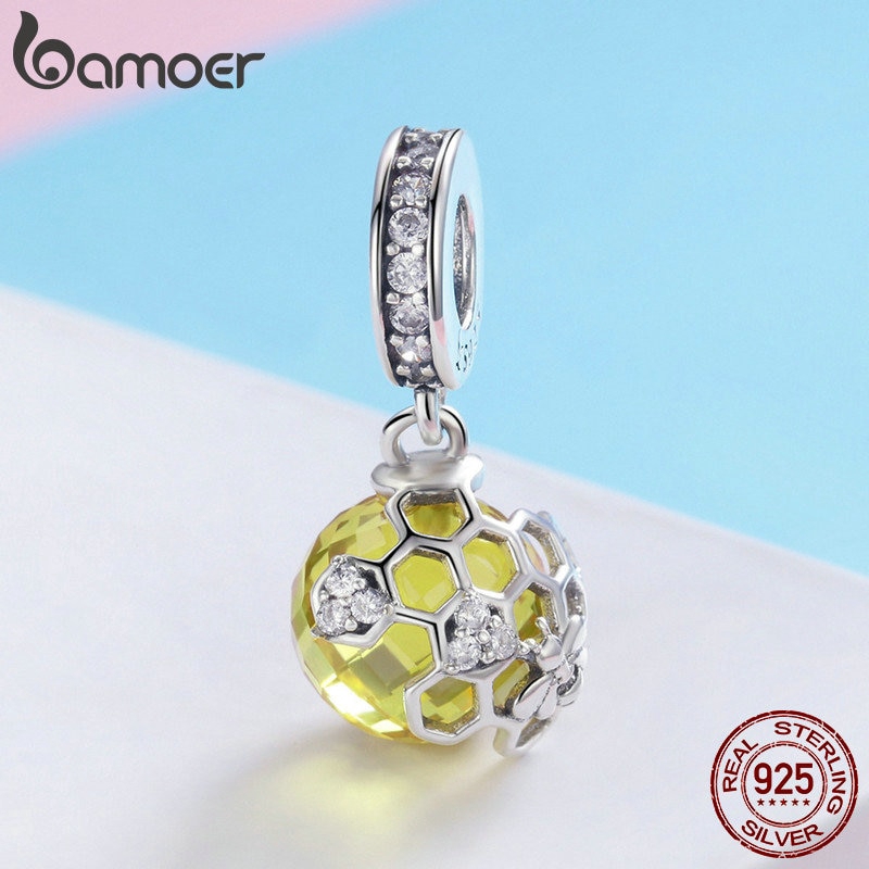 Phụ Kiện Hạt Trang Sức Bamoer SCC879 Bạc S925 Kiểu Tổ Ong Đính Đá Zircon Màu Vàng Làm Vòng Đeo Tay DIY