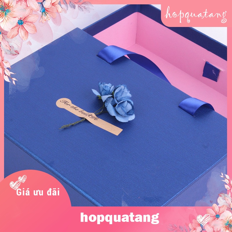 Hộp Quà Tặng Kèm Túi Màu Xanh Gắn Hoa Dạng Kéo Cao Cấp
