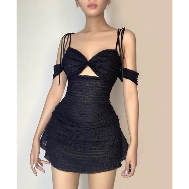 Đầm dự tiệc trễ vai phối nơ ngực dáng xòe chất ren lụa cao cấp - Sun Dress