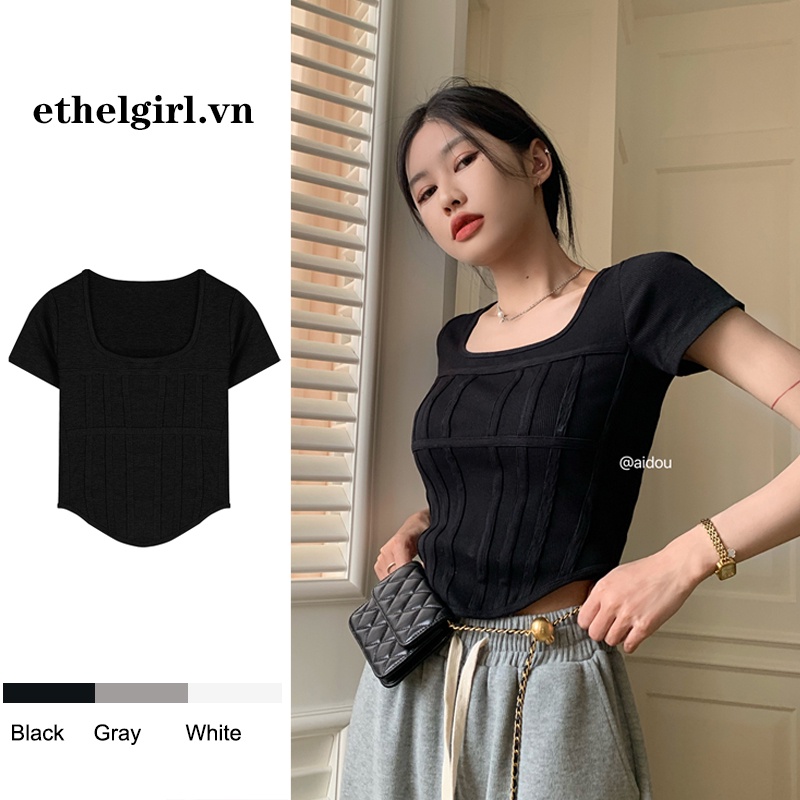Áo Croptop Tay Ngắn Cổ Vuông Thiết Kế Độc Đáo Cho Phái Nữ