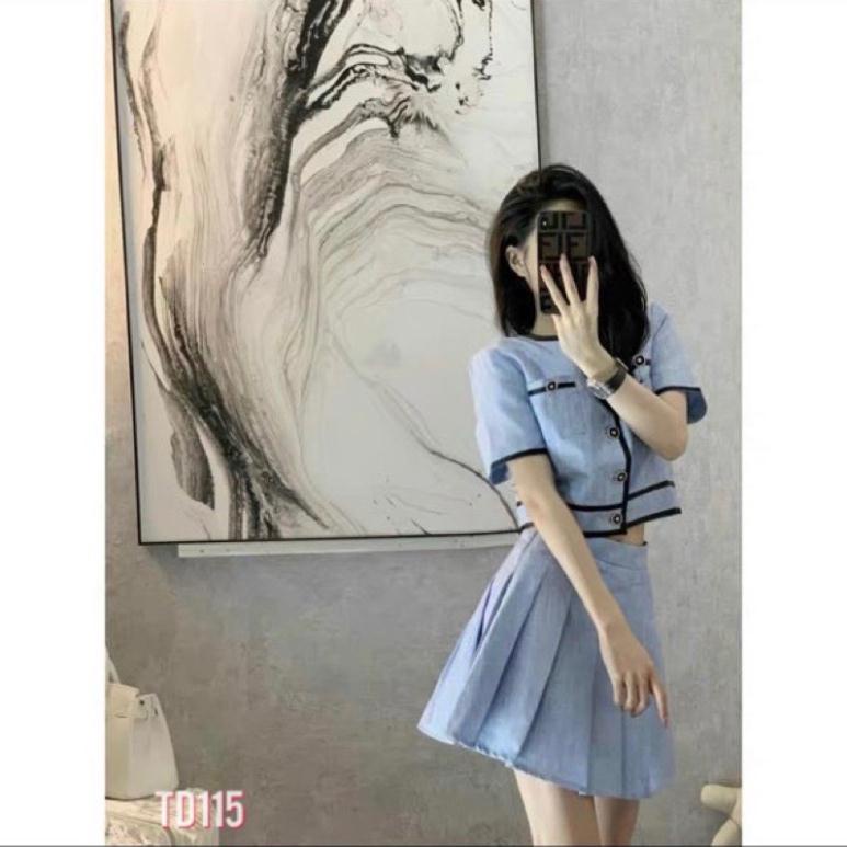 Set chân váy xếp ly áo cổ tròn viền pha cực xinh _hàng sẵn