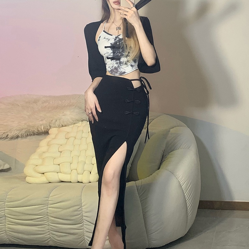 Chân Chân Váy Lưng Cao Xẻ Tà Cột Nơ Thời Trang Đường Phố Cá Tính Cho Nữ