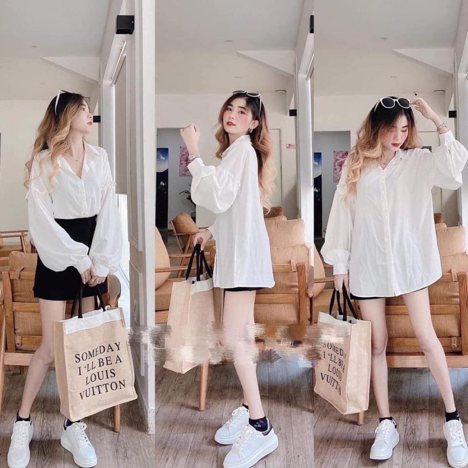 Áo sơ mi nữ cổ bẻ tay phồng 2 tầng - dài phong cách ulzzang form freesiz có 2 màu.