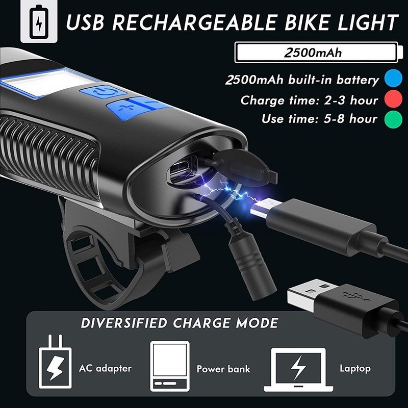 Đèn pha gắn tay lái xe đạp đo tốc độ màn hình LCD có đèn 4 chế độ và còi 6 âm thanh 4 phiên bản sạc USB chống thấm nước