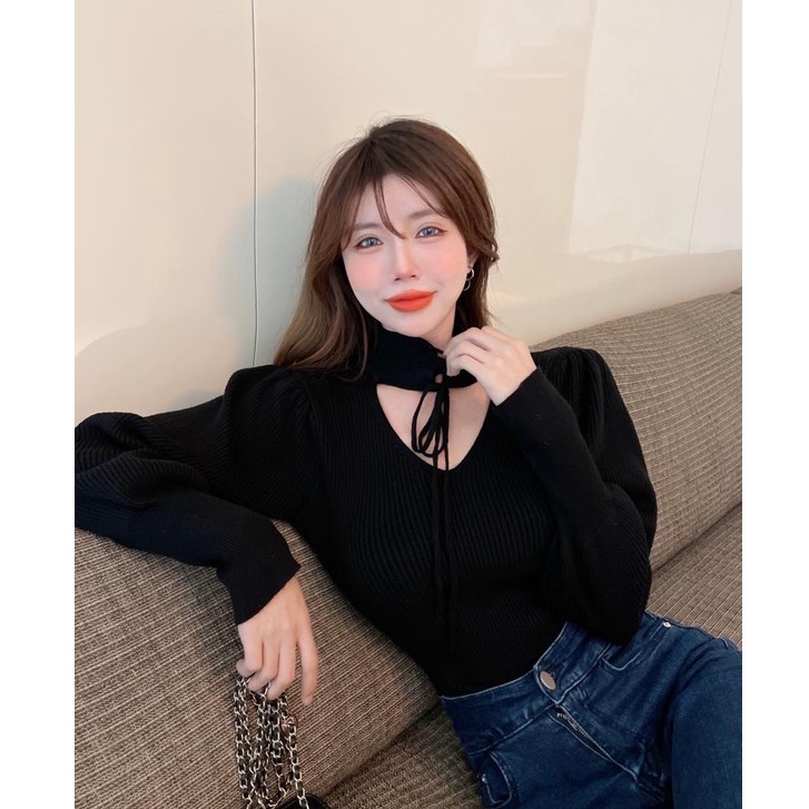 Áo Len Bằng Vải Dệt Kim Tay Phồng Dài Cổ Chữ V Thời Trang Hàn Quốc Sành Điệu Cho Nữ