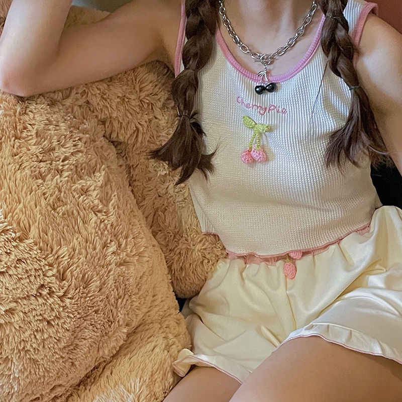 Jiashucheng Áo Hai Dây Màu Hồng Cherry Ngọt Ngào Thời Trang Mùa Hè