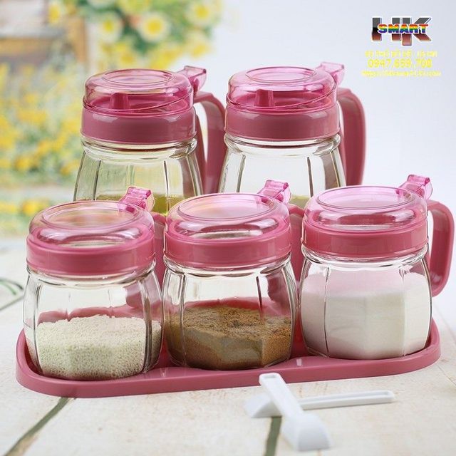 Bộ 5 Lọ Đựng Gia Vị 5 Món Gồm 2 Bình Rót Và 3 Hũ Đựng Gia Vị Thuỷ Tinh Nhà Bếp Có Tay Cầm Tiện Dụng