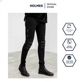 Quần Jean Biker Nam Đáp Da Đầu Gối Màu Đen Cá Tính, Phong Cách Trẻ Trung - Holmes