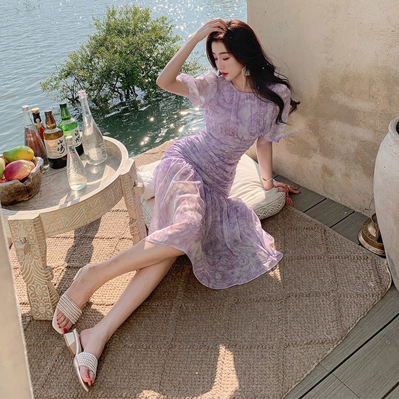 Đầm Họa Tiết Hoa Màu Tím Phong Cách Pháp Sang Trọng Thời Trang Mùa Hè
