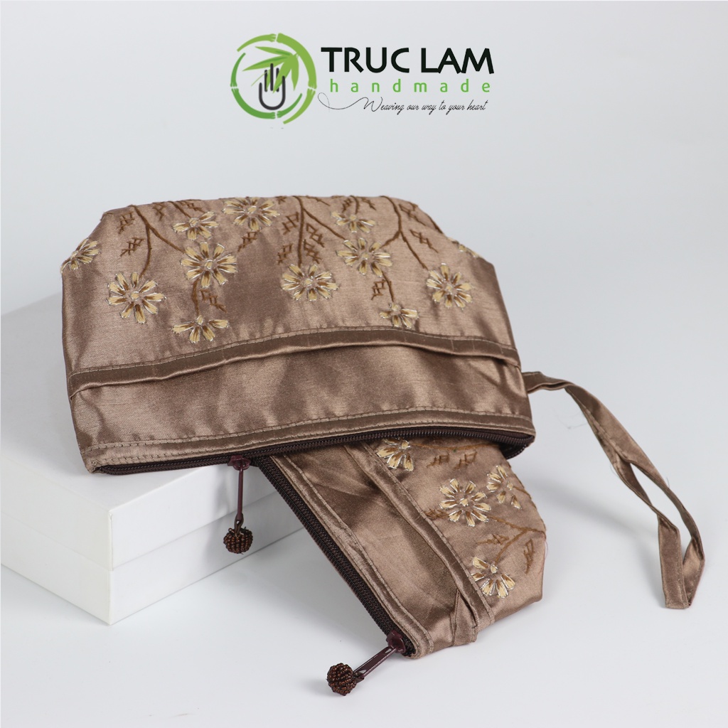 Ví Cầm Tay Nữ Vải Tafta Họa Tiết Hoa Cỏ Thêu Tay Set 2 Chiếc - Trúc Lâm Handmade