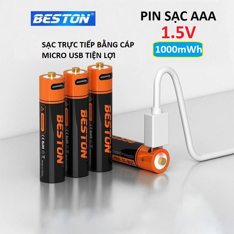 Vỉ 2 Pin đũa sạc AAA Beston 1.5V Dung lượng cao sạc nhanh trực tiếp bằng cổng micro USB dùng cho điều khiển, đồ chơi