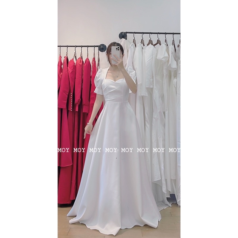 Váy dài cổ vuông tay ngắn phồng khoét lưng đan dây - Váy cưới, đầm cưới thiết kế đi bàn đơn giản, nh