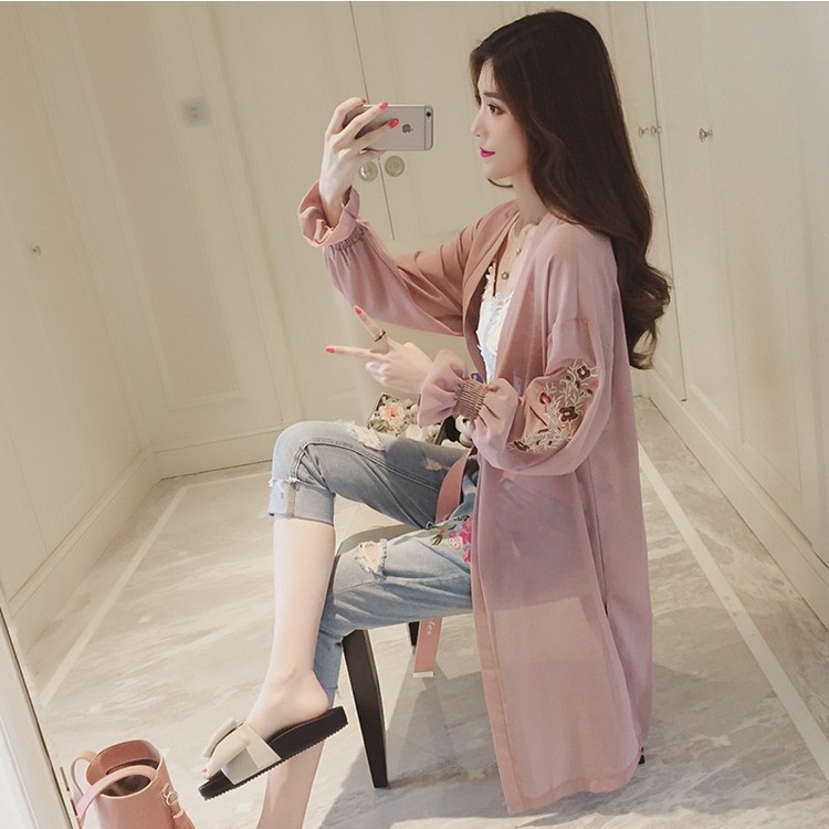 Aó khoác dài CARDIGAN nữ mùa hè 2021 chất voan dài tay thêu hoa chống nắng SP01526