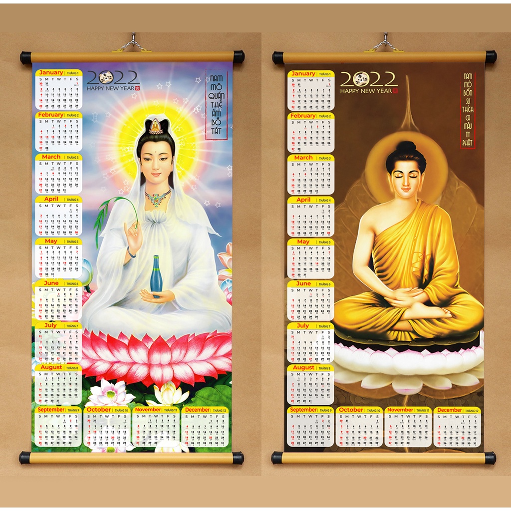 Lịch Phật Giáo 2022 bằng vải phủ bóng cao cấp, dày dặn 40x80cm và 30x60cm