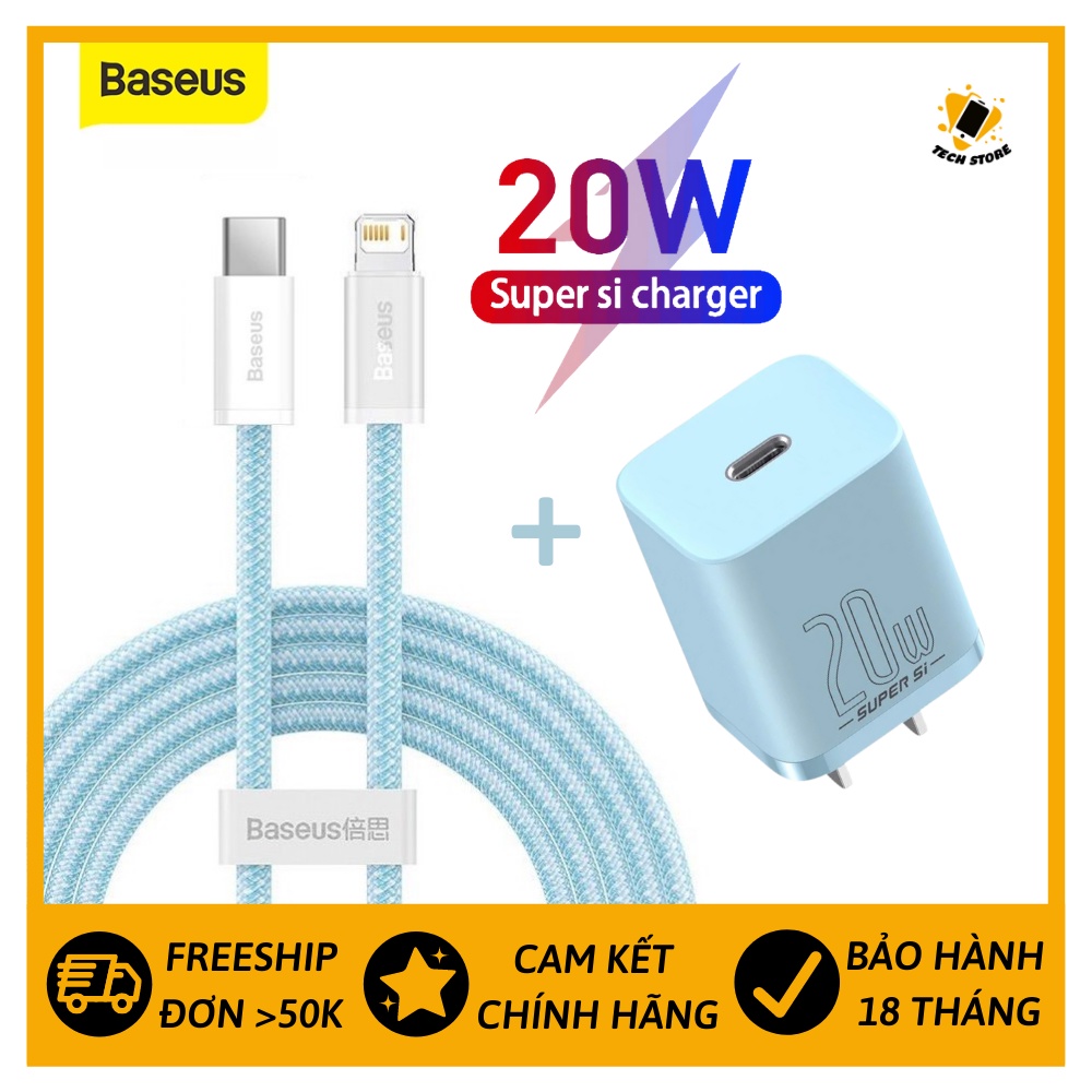 Bộ củ cáp sạc nhanh 20W BASEUS SUPER SI DYNAMIC siêu nhỏ chống đứt gãy màu hồng xanh tím