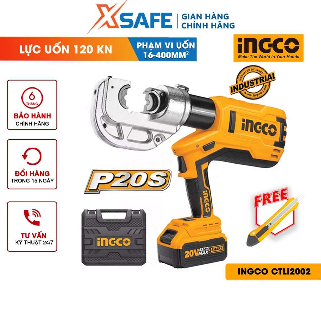 Máy ép cos thủy lực dùng pin INGCO CTLI2002 điện áp 20V, lực ép 12KN, kèm 2 pin Lithium-Ion 20V/4.0Ah