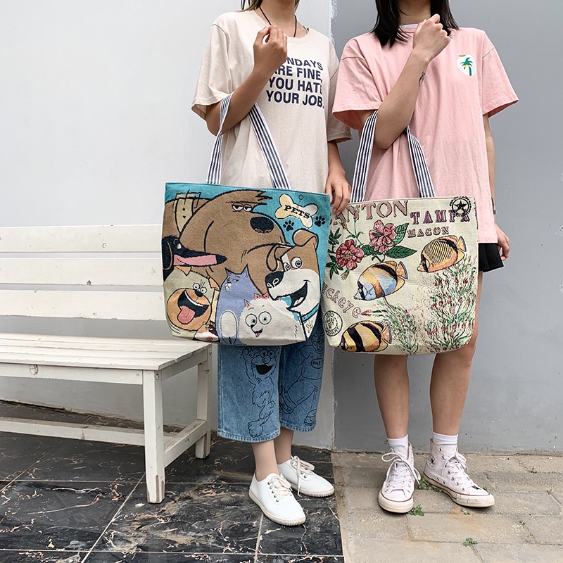 Túi Tote Vải Canvas To Nữ Xách Tay Có Khóa Kéo Họa Tiết Hoạt Hình Công Sở Đi Học Làm Chơi Đựng Máy Tính