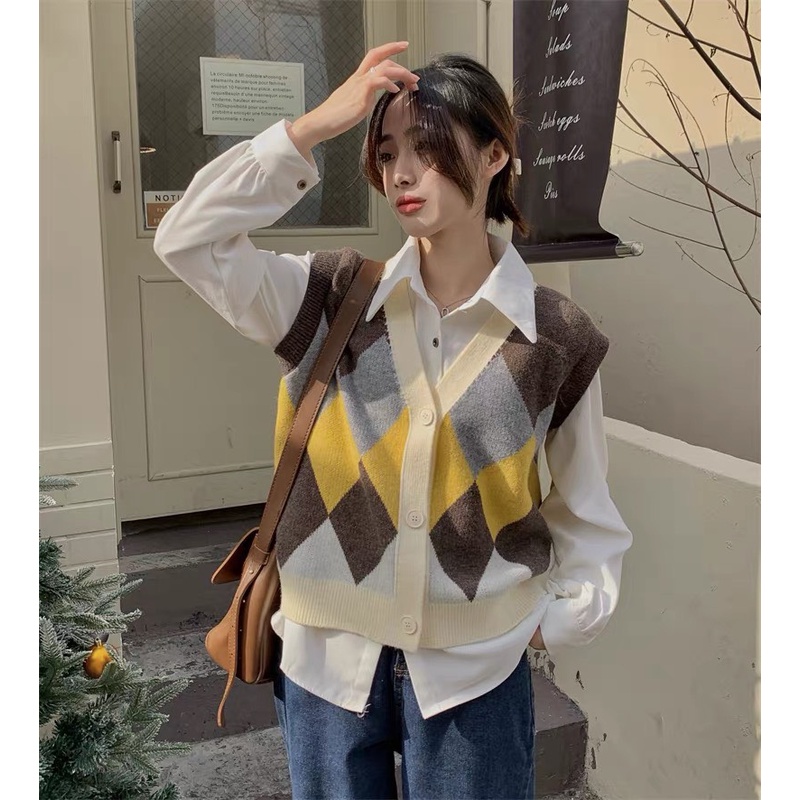 Áo len gile áo len nữ cổ V họa tiết caro phong cách Hàn Quốc chuẩn Hàng Quảng Châu dày dặn loại 1 | BigBuy360 - bigbuy360.vn