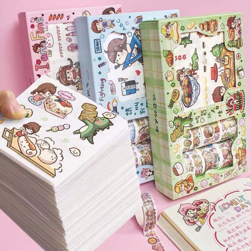 Hộp 10 cuộn washi tape và 10 tờ sticker