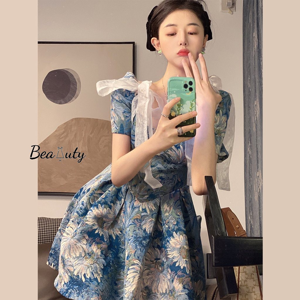 [MURIOKI] Đầm Mini Dáng Chữ A Cổ Vuông Tay Ngắn Phồng Phối Lưới Thắt Nơ Phong Cách Pháp Thời Trang Cho Nữ