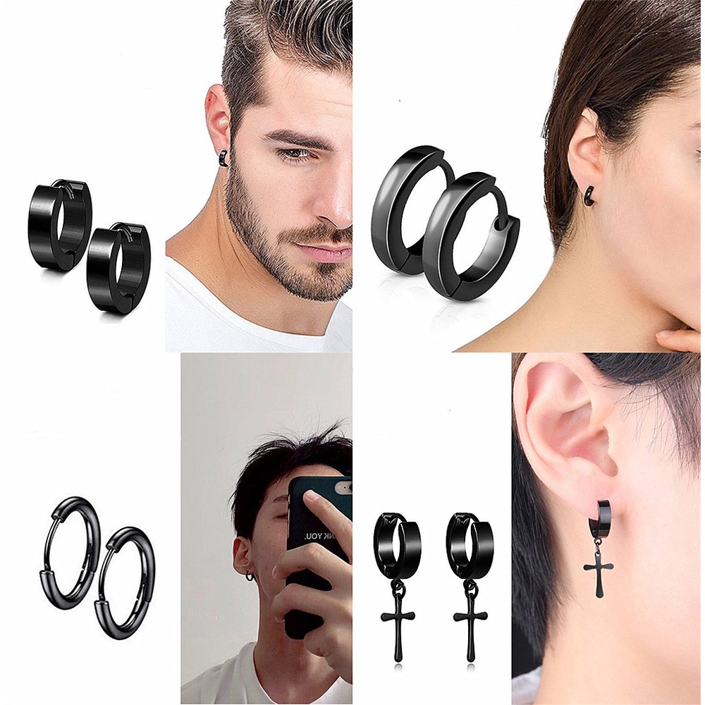 1 Khuyên Tai Tròn Bằng Thép Không Gỉ Màu Đen Phong Cách Hàn Quốc Thời Trang Unisex