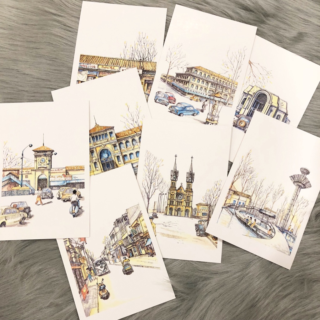 Postcard, Thiệp chúc mừng, Tranh trang trí BST Sài Gòn xưa, 10CMx15CM kèm bao thư Kraft