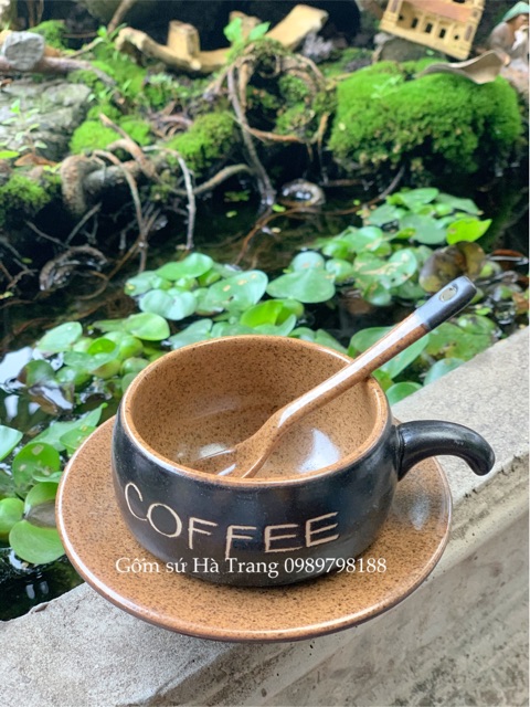 Set cốc đĩa cafe nóng dung tích 150ml gốm sứ Bát Tràng cao cấp men đen lòng nâu sang chảnh