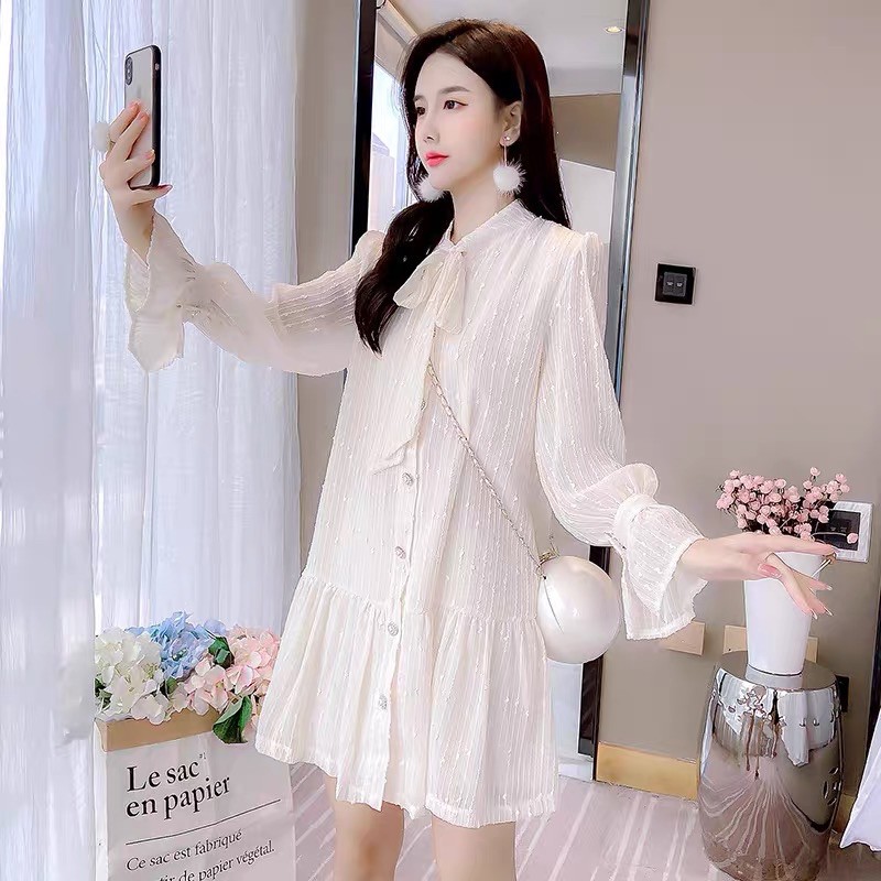 SẴNĐầm xoè babydoll tiểu thư sang chảnh|Đầm ulzzang tay dài cổ nơ xinh xắn dạo phố