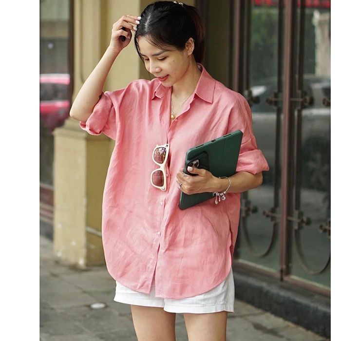 Áo sơ mi linen nữ form rộng trẻ trung, thời trang phong cách Hàn