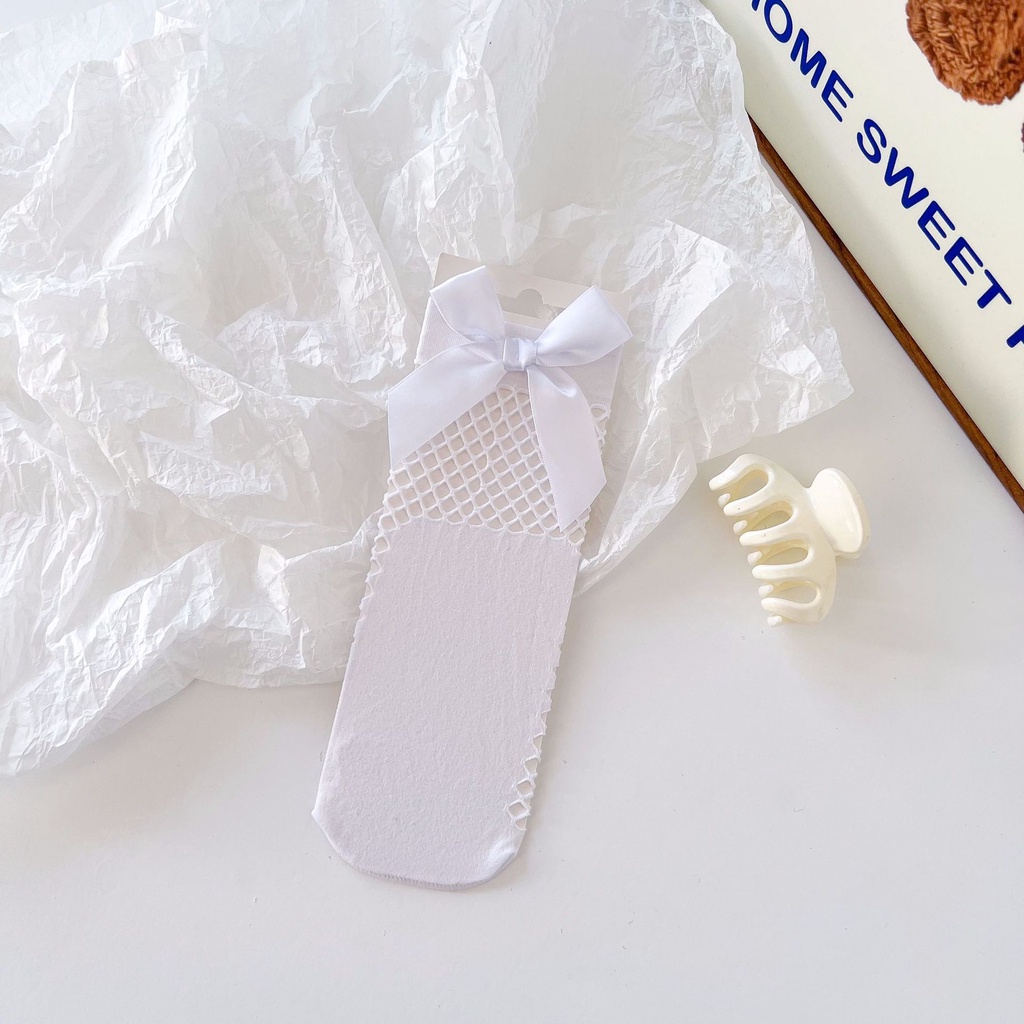 Japanese Lady Lolita Princess Sweet Socks White Bow Fishnet Socks Korean Version Black Lace Fishnet Socks