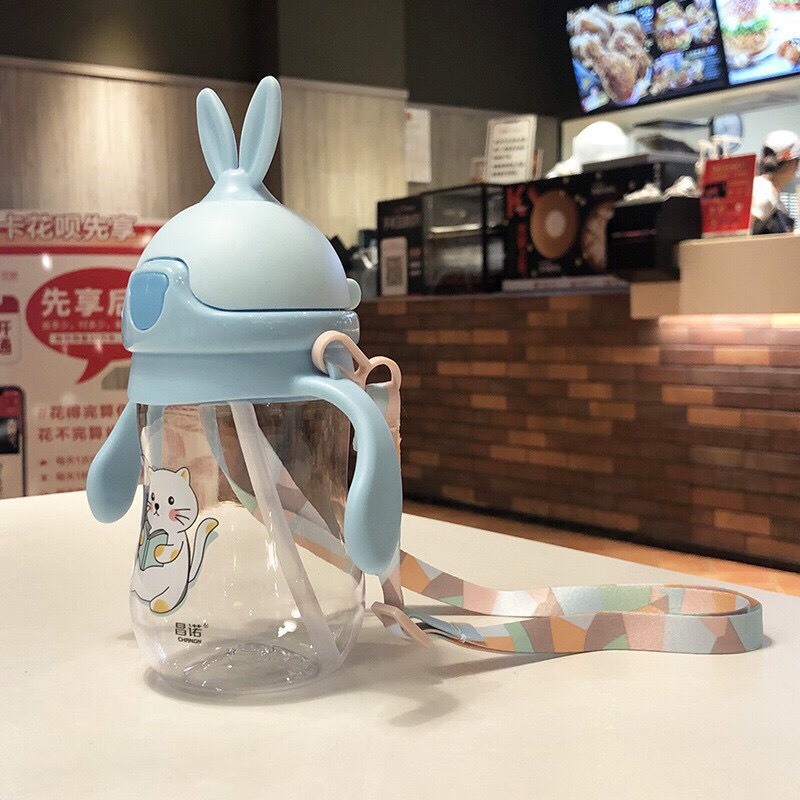 Bình Tập Uống Nước Cho Bé Có Dây Đeo 280ml Hình Tai Thỏ