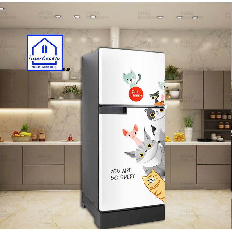 Decal dán tủ lạnh cute -máy lạnh - máy giặt siêu đẹp Gia đình mèo  hue decor, chống nước-siêu bền, giá rẻ