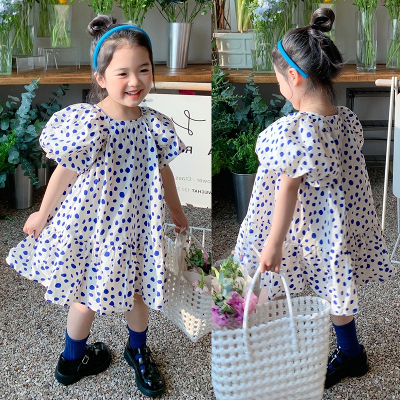 Đầm Công Chúa Tay Phồng Cổ Tròn Họa Tiết Chấm Bi Màu Trắng Xanh Dương Phong Cách Phương Tây Dễ Thương Thời Trang Mùa Hè Cho Bé Gái