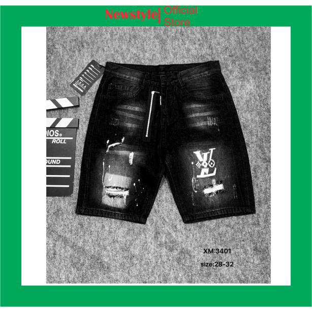 Quần short jean nam giá rẻ thêu logo đen rách chất bò cao cấp NEWSTYLEFASHION