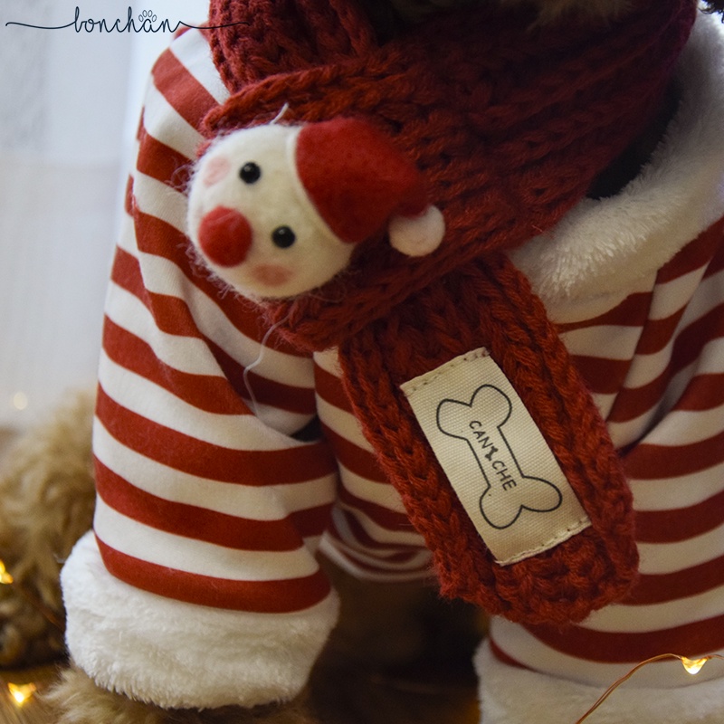Áo Noel cho chó mèo - Áo sọc đỏ kèm khăn quàng cổ