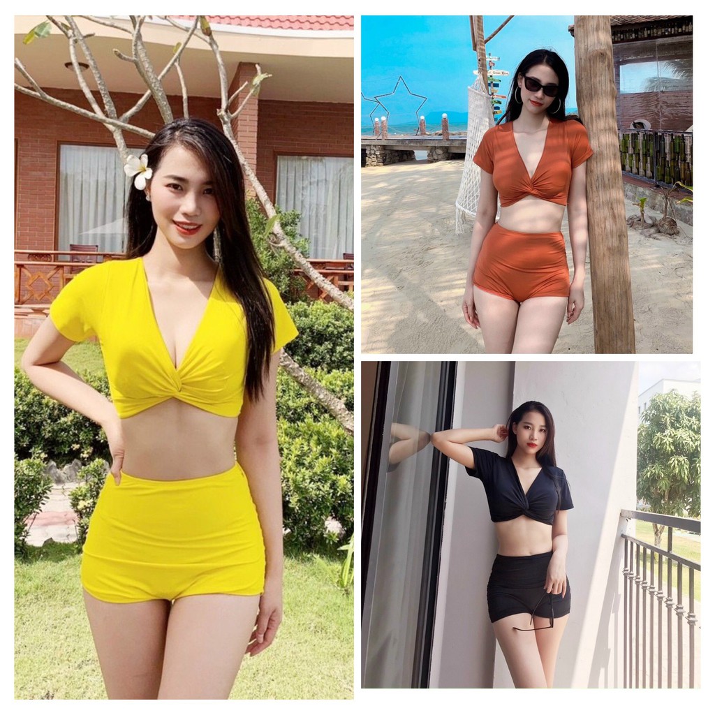 Bikini Đồ Bơi Nữ Hai Mảnh Quần Đùi Cạp Cao Áo Croptop Xoắn Bụng Đen/ Cam/ Vàng RUBY R04