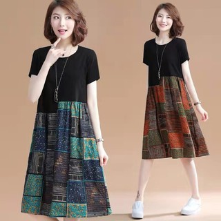 (PE039)Đầm dáng xòe họa tiết ô vuông phối màu năng động cổ tròn tay ngắn