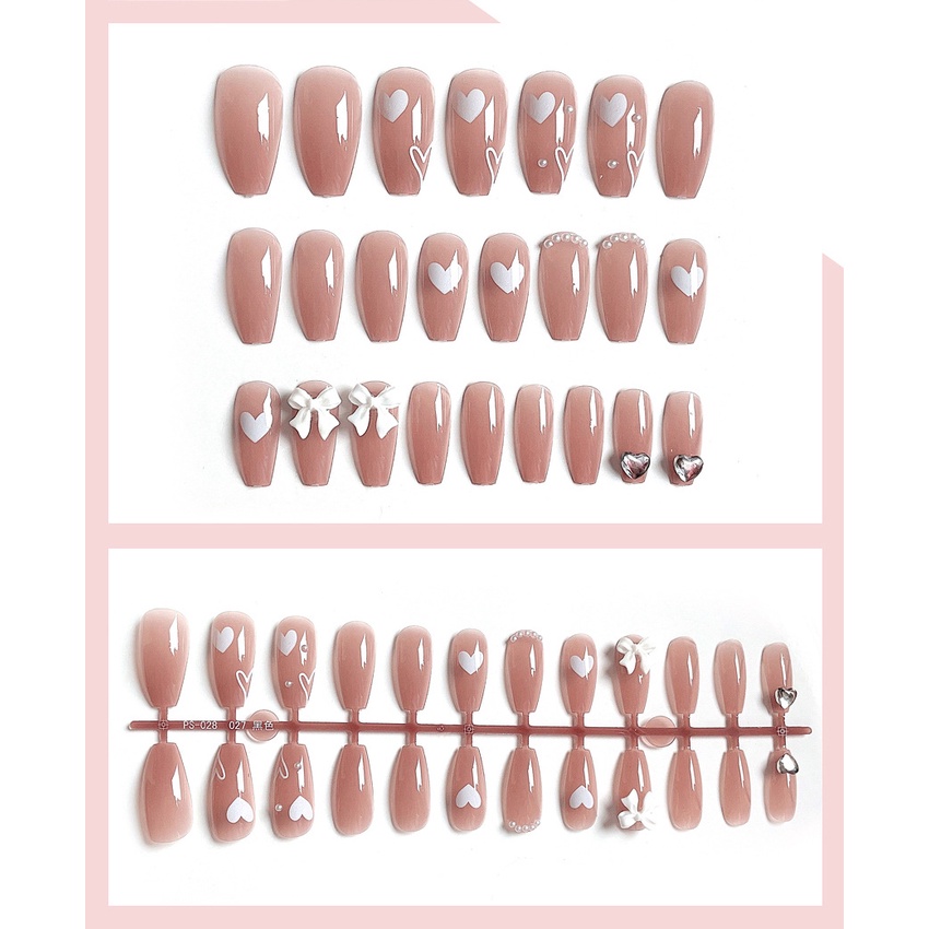 Bộ 24 móng tay giả vintage đính đá đính nơ Jojo X15 móng giả nailbox hotrend kèm keo tự làm tại nhà