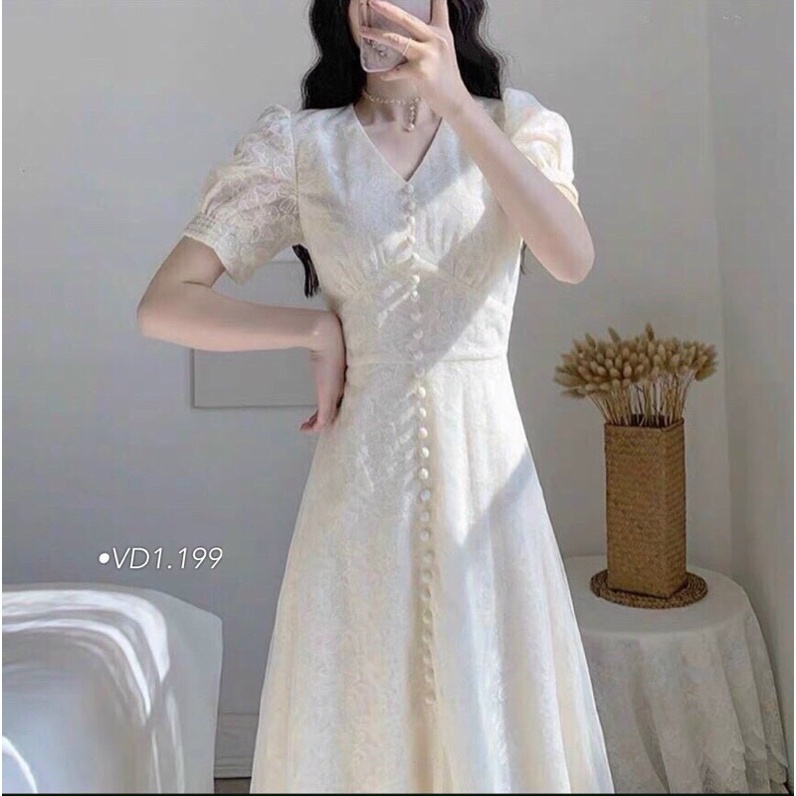 ĐẦM MIDI TRẮNG REN HOA PHỐI NÚT NGỌC thời trang giá rẻ