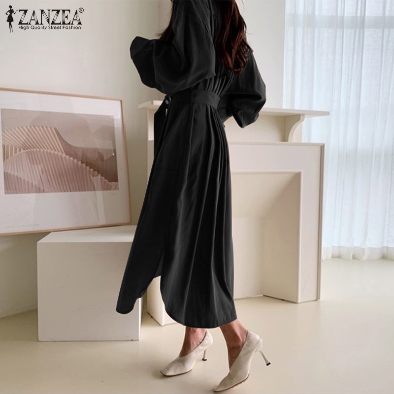 Đầm ZANZEA dáng dài tay phồng cài nút trước thời trang cho nữ