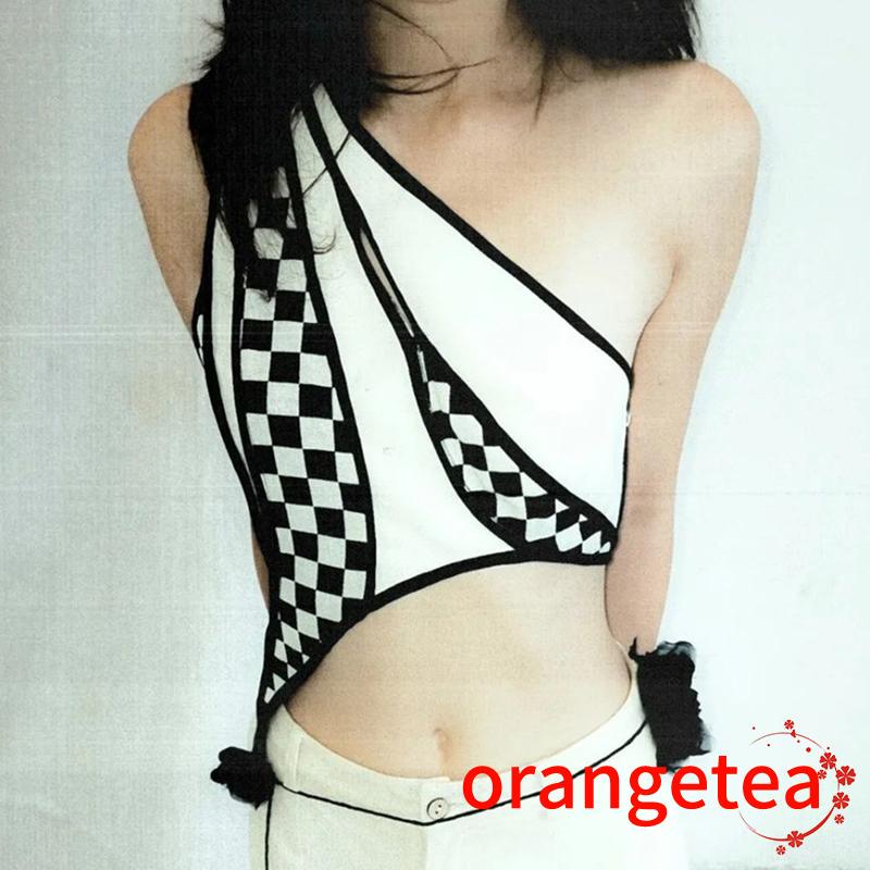 Ort-áo Tank Top Hai Dây Thắt Nút Sau Lưng In Caro Mùa Hè Cho Nữ