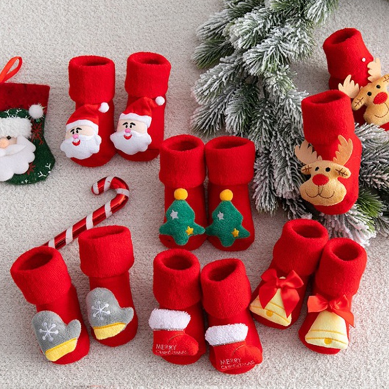 Vớ Em Bé / Vớ Ngắn Bằng Vải Cotton Dày Ấm Áp Chống Trượt Hình Ông Già Noel / Tuần Lộc Giáng Sinh