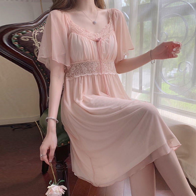 Đầm Ngủ Tay Ngắn Phối Lưới Có Đệm Ngực Thoải Mái Thời Trang Mùa Hè 2022 Phong Cách Mới Cho Nữ