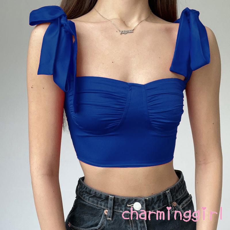 Áo Croptop Sát Nách Màu Sắc Trơn Thiết Kế Dây Đan Chéo Ngực Quyến Rũ