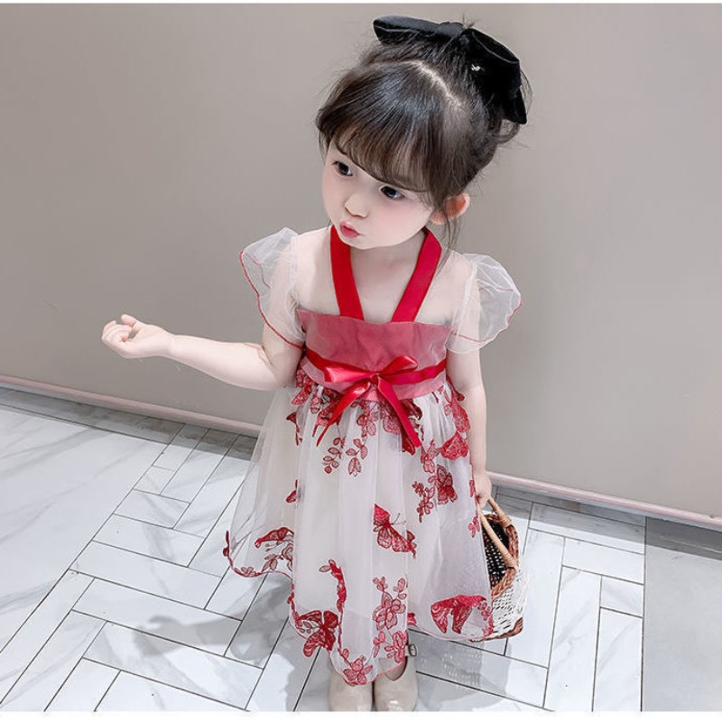 Đầm Công Chúa Tay Phồng Ngắn Phối Lưới Đính Nơ Thời Trang Mùa Hè Cho Bé Gái