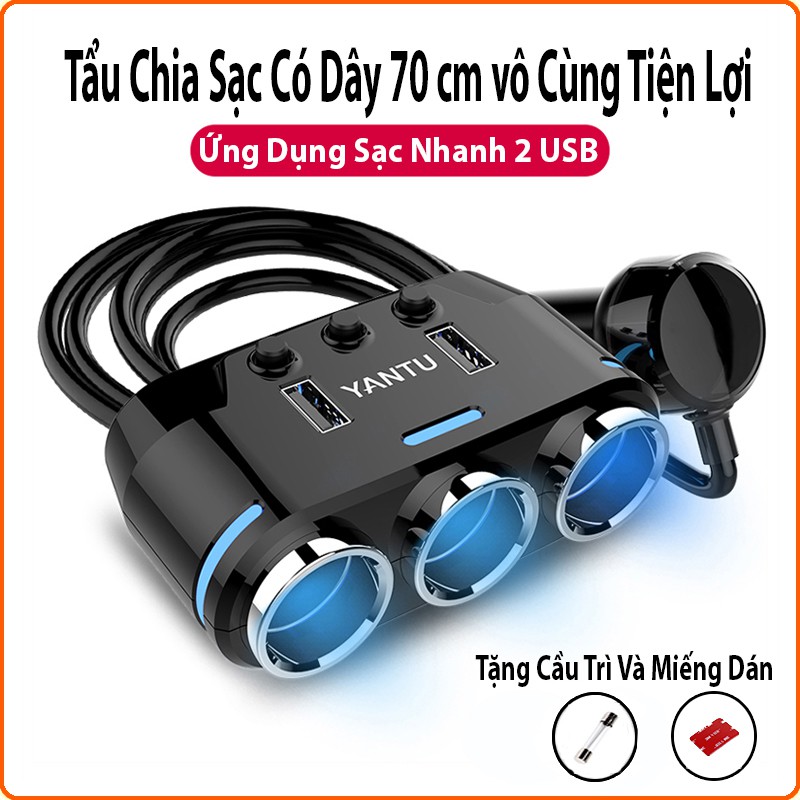 Tẩu chia sạc ô tô, bộ chia tẩu sạc ô tô YANTU, 3 cổng tẩu 2 cổng usb sạc nhanh 3.1A-12V -LaKaDo