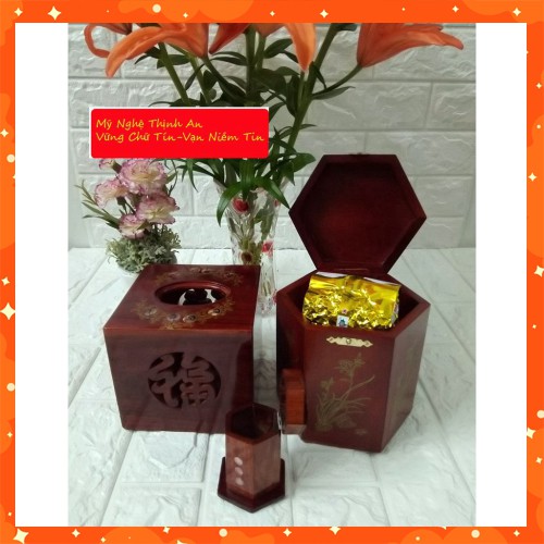 [Đồ Thờ Cúng] Bộ 3 sản phẩm Hộp giấy vuông ,hộp trà cỡ lớn ,hộp tăm bằng gỗ hương đỏ CGVL03