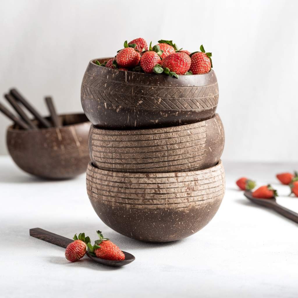 Bát gáo dừa ECOHUB khắc hoa văn, 3 mẫu. (Coconut Bowls Family Set) | EH012