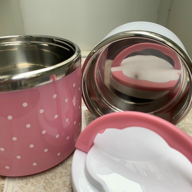 Hộp cơm chấm bi giữ nhiệt thực phẩm ruột Inox 2 tầng